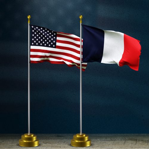 france and USA or america flag wave on dark background. digital illustration for national activity or social media content. france and USA or america flag wave on dark background. digital illustration for national activity or social media content.